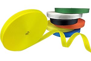 FIP CENTER Sangle polyester au mètre pour petit arrimage et manutention légère - Résistance 3.2 tonnes - largeur 35 mm - 2 filets noirs sur les deux faces- Vendu en rouleau (50 m, Jaune)