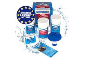 PoolsBest Pool Starter Set 5 in 1 I Pool-Reinigungsset komplett zur Wasserpflege I Pool Zubehör Set für Einsteiger I Mini-Multitabs, Dosierschwimmer, Pooltester, pH-Senker, Chlorgranulat & Anleitung