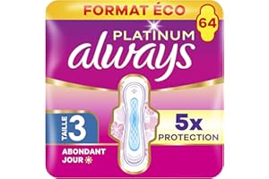 Always Platinum Serviettes Hygiéniques, Taille 3, Day & Night, 64 Serviettes Avec Ailettes, Flux Abondants Jour et Nuit, Format Eco, Douces et Flexibles, Super Absorbantes et Ultra Fines