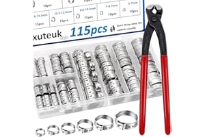 mxuteuk 115PCS 6-28.6mm Single Ear Hose Clamps with Ear clamps plier 10-Sizes Crimp Hose Clamps for Auto,Home, Appliance, Pipe, Fuel Line Stepless Hose clamp with Crimp Clamps pincer