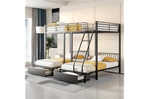 Racxily Letto a castello triplo con cassetti,trasformabile in letto matrimoniale 140 x 200 e in due letti singoli 90 x 200, letto multifunzionale con struttura in metallo, letto per bambini,Nero