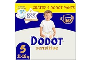 Dodot Sensitive Baby Diapers, Size 5 (11-16 kg), 168 Nappies + 4 Gift Pants, Up to 12 h Leakage Protection and Skin Care, Monthly Pack