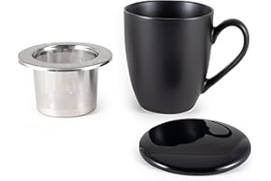Hanseküche Teetasse mit Deckel und Sieb – XXL Teebecher 600ml – Große Tee Tasse Keramik – Jumbotasse – Tasse mit Deckel, Keramik, Teefilter, Teesieb, Kaffeetasse, Kaffeebecher Groß (Schwarz, 600 ml)