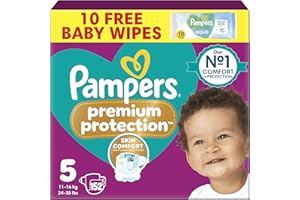Pampers Premium Protection Size 5, 152 Baby Nappies, 11kg-16kg, Monthly Pack with Pampers Harmonie Aqua Baby Wipes 1 Pack of 10 Wipes