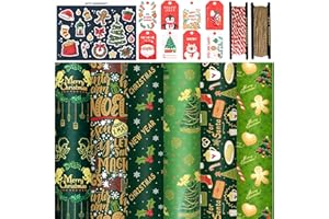 FullJoyHut Papel de Regalo Kraft Navidad con 6 Hojas Reciclable Papel de Regalo Navideño 70x50cm,8 Etiquetas Regalo,12 pegatinas,2 Rollo Hilo Yute Cuerda Algodon para Decoración Navideña