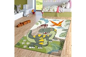 TT Home Tappeto per la camera dei bambini, verde, con dinosauri, giungla e vulcano a effetto 3D, a pelo corto, Dimensione:120x170 cm