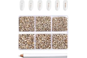 Beadsland 7200 Pcs Flatback Rhinestones for Nails,Gold Round Small Crystal Rhinestones Gems for Crafts,Mixed 6 Sizes with Wax Pencil Kit,SS3-SS10,Golden Shadow