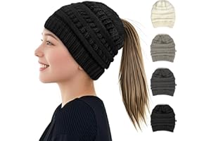 AUYAO Women's Stretch Soft Cable Knit Hat with Hole, Thermal Warm Winter Ponytail Cap, Slouchy Ribbed Messy High Bun Hat for Outdoor Sport