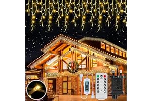 RJEDL Icicle Outdoor Christmas Lights, 480 LED 14.6m/48ft Icicle String Lights Plug in with Timer&8 Modes, IP65 Waterproof Hanging Fairy Lights for Indoor Holiday Home Party Wedding Decor(Warm White)