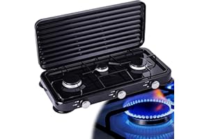 TC TECHNIC Hornillo de gas con 3 fuegos, hornillo de campamento Tourist, hornillo de campo, 2 x 2.2 kW, 1 x 1.1 kW