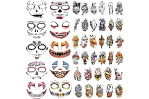 ATYDKUG 50 Hojas de Tatuajes Temporales de Halloween, Juego Familiar día de Muertos Fantasma de Calabaza para Mujeres, Calavera de Muerte Falsa Tatuajes para Hombres Niños, Kit de Tatuaje de Maquillaje Zombie