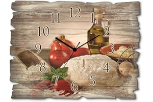 ‎ARTLAND ARTLAND Wanduhr ohne Tickgeräusche aus Holz Funk Uhr lautlos Rechteckig 40x30 cm Lebensmittel Öl Flasche Mehl Teig Tomaten Mediterran Küche Vintage T5UZ