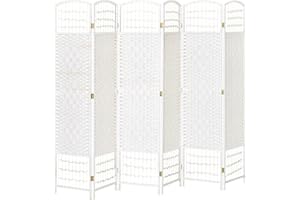 HOMCOM Paravento interno pieghevole 6 pannelli pieghevoli 242L x 170H cm Divisorio per ambienti Legno di pioppo Bambù Fibre di carta intrecciate Bianco Paglia