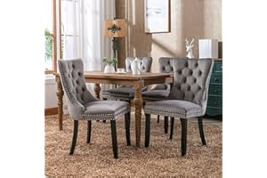 HomeTouch Luxury Velvet Kitchen Dining Chairs Set of 4 Upholstered Knocker Wing Back Office Chairs with Oak Wood Legs for Dining Room Bedroom, Hand Made (4, Grey)