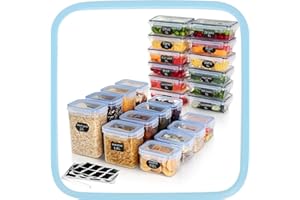 ORDELUXE Set di 24 Contenitori Ermetici per Alimenti ：12 Contenitori Plastica con Coperchio (Impilabili/Blu) per Armadio e 12 Contenitori Plastica con Coperchio (Orizzontali/Neri) per Frigorifero e Trasporto