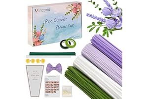 Vincona 400 Stück Pfeifenreiniger Blumen Set, Pfeifenputzer Blumen Zum Basteln （4 Farben） Inklusive 20 Blütenstiele, Band, Staubgefäße und Straußverpackung für Blumenstrauß DIY Hellviolett