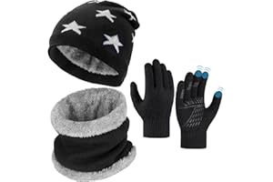 OOPOR Ensemble de gants d'hiver pour enfants - Bonnet en tricot - Bonnet en tricot - Gants thermiques - Doublure polaire chaude - Bonnet en tricot - Écharpe - Gants antidérapants pour garçons et filles de 5