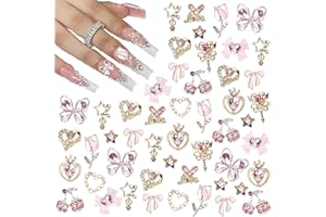 Lilbitty 24 Stück Nagel-Charms, Y2k-Legierung, Nail Art, Strass-Charms, 3D-Herz, Stern, Schleife mit Strasssteinen, Kirsch-Nagel-Edelsteine, glänzender Schmuck, Nageldekorationen, Zubehör