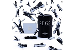 THE BARKWORTH & HATHAWAY COLLECTION Peg Bag & 80 Soft Grip Clothes Pegs – Black & White Laundry Pegs with Contoured Soft Pad Design | Strong Metal Spring | Zip-Top Storage | Barkworth & Hathaway