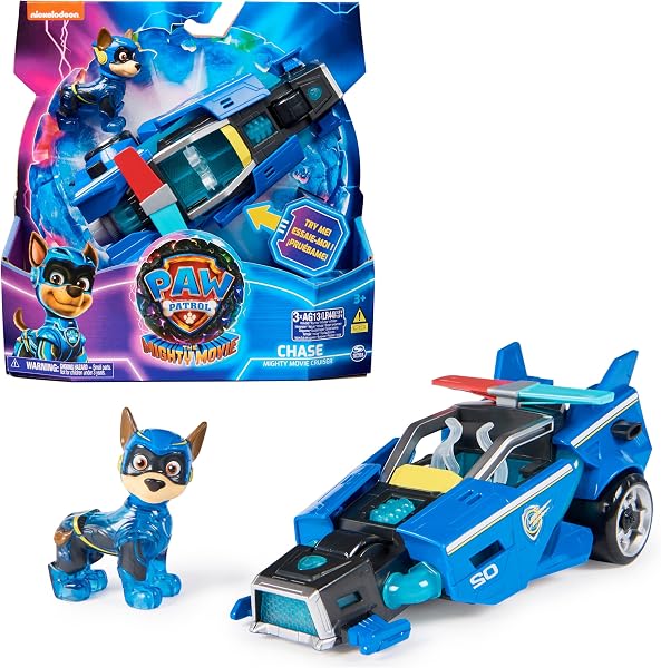 PAW PATROL: Der Mighty Kinofilm, Superhelden-Fahrzeug Spielzeugauto von Chase mit Welpenfigur, Polizeiauto mit Licht- und Geräuscheffekten, Spielzeug für Kinder ab 3 Jahren - 1