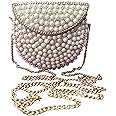 UnfoldSelf Mini Pearl Bag | Handmade Beaded Clutch - Shoulder Sling for Women & Girls, White Embellishments on Metal