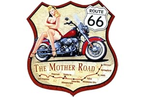 CUCUBA Imán De Nevera Impreso En Estilo Vintage En Madera – Idea Regalo (Route 66 con moto roja)
