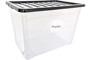 Plastix 75L 75 LITRE Clear Plastic Storage Box With Black Lid Home Office Stackable UK Made