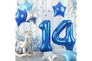 GOVPY 14th Birthday Balloon for Boys, Big Self Inflating Dark Light Blue Silver Star Number 14 Foil Balloons Decoration, 40 Inch Royal Pastel Baby Blue 14 Helium Mylar Balloon for Girls Birthday Party Decor