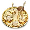 BENGALEN Brass Pooja Thali Set 6 Inch Puja Thali with Pital Plate Glass Pallu Bowl Diya Ghanti Arti Thali for Diwali Home Office Mandir Wedding Return Gift Items