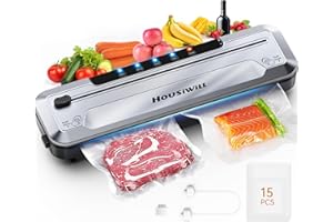 Housiwill Vacuum Sealer Machine, Strong Suction 5 Modes Food Sealers Vacuum Packing Machine with 15 BPA-Free Sealer Bags and Built-in Cutter, Food Vacuum Sealer Machine for Dry & Moist Food Preserving