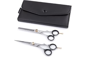 Purovi® SET di 2 FORBICI DA PARRUCCHIERE con astuccio | Forbici professionali con astuccio | Acciaio Inox di alta qualità | Forbici standard e per sfoltire | Multiuso