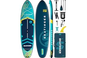 Skatinger Nadmuchiwane deski do wiosłowania SUP, nadmuchiwane deski do wiosłowania SUP, deska do wiosłowania do jogi z plecakiem 1600D, 6 dodatkowych pierścieni D, pasek na ramię, płetwa centralna