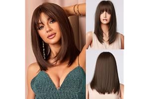 Kellynee Dark Brown Wig with Bangs - Medium Long Brown Wigs for Women, Natural Straight Layered Realistic Hair, Best Synthetic Heat Resistant Wigs for Daily/Halloween/Party/Cosplay