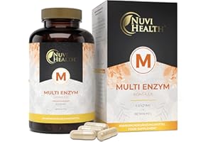 ‎NUVI HEALTH Enzym Komplex - Umfangreicher Mix mit 6 Enzymen + Betain HCL - Mit Bromelain, Papain Amylase, Catalase, Lipase - Hochdosiert - Vegan - 120 magensaftresistente Kapseln (Bright JC Caps®)