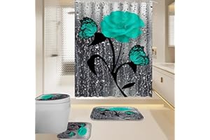 BXFUL 4 Piece Waterproof Shower Curtain Set for Bathroom-Rose-Non-Slip Bath Mat and 12 Hooks,Curtain Set with Rug,Toilet Lid Cover Bathroom Decoration (Teal)