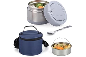 BELLE VOUS Portapranzo Termico - Contenitore per Alimenti Caldi e Freddi - con Cucchiaio e Custodia - Thermos Portavivande in Acciaio - per Cibo Frutta Pappa Neonati - 2 Scomparti