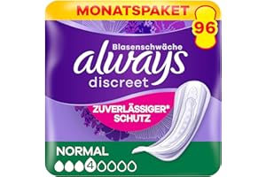 ‎ALWAYS DISCREET Always Discreet Inkontinenzeinlagen Normal, 96 Binden (4 x 24 Stück) Monatspaket, diskreter Schutz & hohe Saugstärke, geruchsneutralisierend (Verpackung kann variieren)