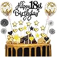 Happy Birthday Cake Topper 18th, 25pcs Black Gold Glitter Happy 18th Birthday Cake Topper with Star Heart Paper Fan Balloon, Birthday Cupcake Topper for Boys Eighteen Anniversary Birthday Party Decor