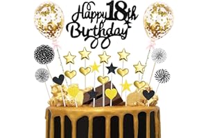 DOMGOGE Happy Birthday Cake Topper 18th, 25pcs Black Gold Glitter Happy 18th Birthday Cake Topper with Star Heart Paper Fan Balloon, Birthday Cupcake Topper for Boys Eighteen Anniversary Birthday Party Decor