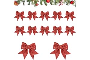 YIGOOWN 12 Stück Weihnachtsschleifen, Schleifen Weihnachtsbaum Deko Glitzer Baumschmuck Weihnachten Weihnachtsbaumschmuck Weihnachtsdeko Innen für Weihnachtskranz Tannenbaum Geschenke Deko (Rot)
