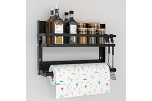 Fasood Porta Spezie per Cucina, Portaspezie da Parete con Porta Rotolo da Cucina e 4 Gancio, Porta Spezie da Appendere per Cucina, per Cucina, Bagno, Cassettiera e Altro