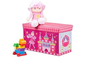 Relaxdays Tabouret Coffre à jouets boîte à jouets couvercle pouf enfant pliable princesse rangement fille garçon 66 litres, rose