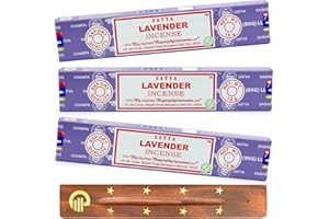 Original Satya Lavender Incense Sticks Pack of 3X 15G with Greensense Holder for Aromatherapy, Spa, Yoga, Weddings, Meditation, Healing, Positivity and Relaxation