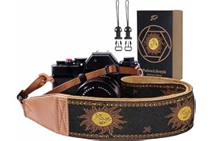 Padwa Lifestyle Sun God Camera Strap - 2" Full Grain Leather Ends, Vintage Sun Face Camera Straps for Photographers, Soft Chamois Velvet Padded Strap Quick Release fits All Cameras