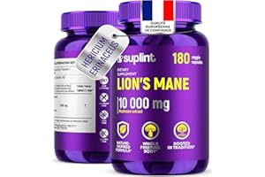 SUPLINT Lion's Mane - Gélules de crinière de lion 10 000 mg – Extrait de champignon Hericium Erinaceus 10:1 – Naturel et sans OGM (180 capsules)