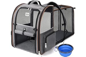 Lekebobor Großer Katzen-Rucksack mit faltbarem Napf, erweiterbar, für bis zu 8,2 kg für kleine Hunde, mittelgroße Katzen, Hunde-Rucksack, Tragetasche für Welpen, Reisen, Grau