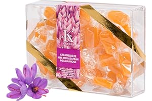 K KARKOM Caramelos de Miel con azafrán de la Mancha con D.O.P. - Caramelos artesanos de miel y azafrán - Caramelos de Miel pura de azahar y azafrán - Caja de 100 gr