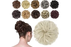 FESHFEN Messy Bun Hair Piece Hair Bun Scrunchies Synthetic Wavy Curly Chignon Ponytail Hair Extensions Thick Updo Hairpieces for Women Girls Kids 1PCS, Ash Platinum Blonde