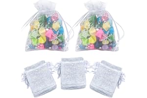 jijAcraft 100PCS Christmas Organza Bags: 7x9CM White Snowflake Organza Gift Pouches, Small Christmas Drawstring Favour Bags for Presents, Candy, Xmas Party Decoration