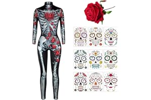 Amycute Skelett Kostüm Damen, Skelett Halloween Kostüm, Kostüm Skelett Damen, Halloween Jumpsuit Damen, Skelett Jumpsuit Damen, Halloween Karneval Kostüm für Erwachsene